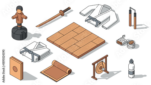 Isometric martial arts training equipment set with uniforms and weapons