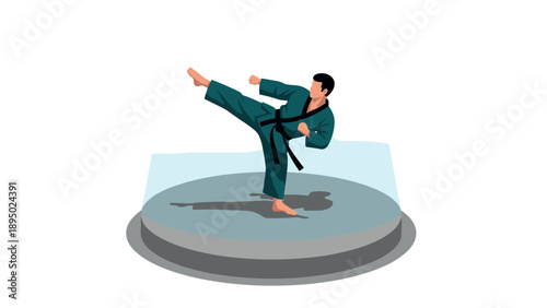 Martial artist performing high kick on platform with spotlight