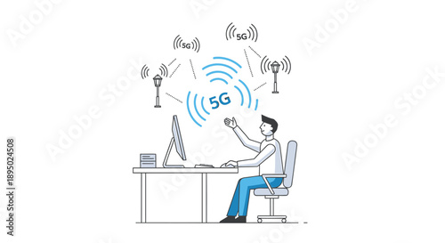 Vector illustration of a man working on a computer with 5G network connection