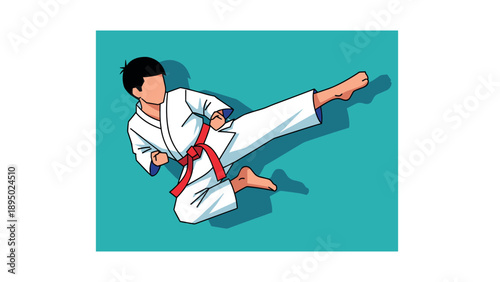 Martial arts pose with red belt on aqua background
