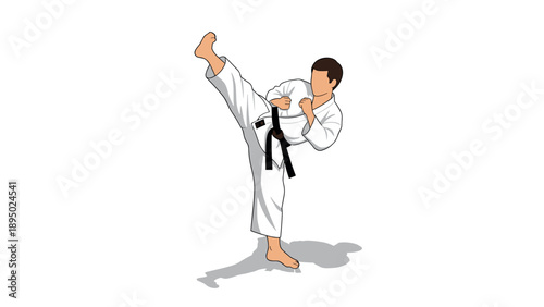 Karate practitioner in high kick pose wearing traditional white gi on plain background