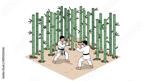 Martial artists practicing in bamboo grove isometric style