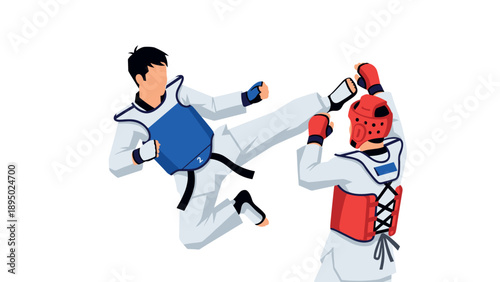 Taekwondo athletes sparring in dynamic pose with protective gear