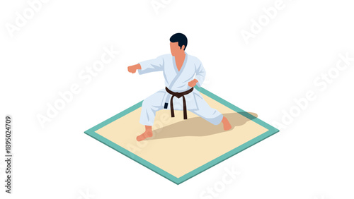 Martial artist performing karate move on mat in isometric style