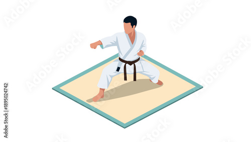 Karate master performing kata on mat in isometric design for martial arts enthusiasts