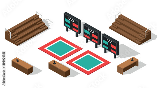 Isometric indoor sports venue elements with scoreboards and bleachers