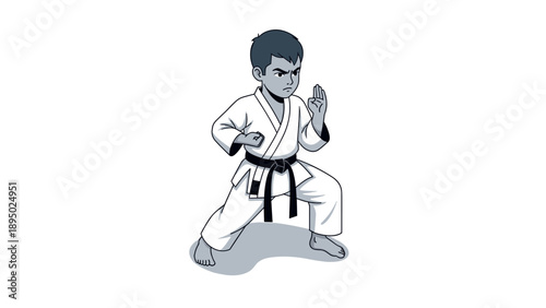 Karate kid in action: young boy practicing martial arts in gi