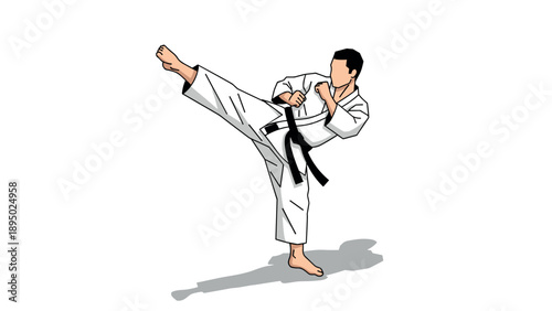 Martial artist in action: powerful karate kick pose in karate gi