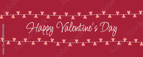 Happy Valentine's Day Banner with horizontal heart string lights