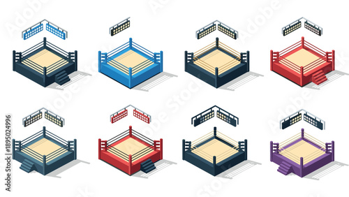 Isometric boxing rings set in various colors with shadow effects