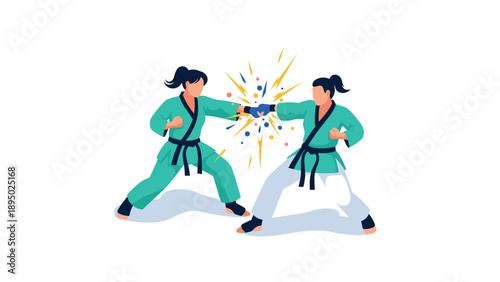 Martial arts sparring scene with energetic impact and dynamic action