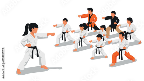 Karate class for kids and adults practicing martial arts with instructor in isometric style