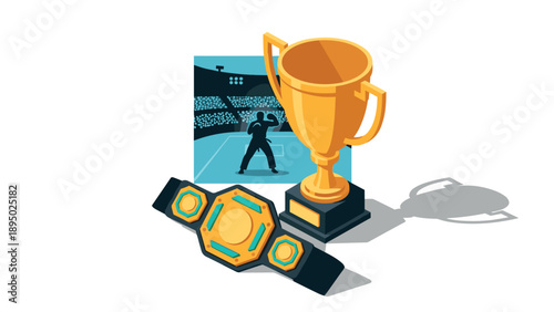 Championship icons with trophy and belt in sport arena setting