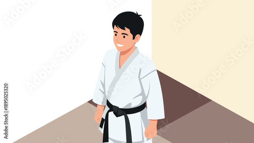 Karate enthusiast smiling in room wearing traditional white uniform and black belt