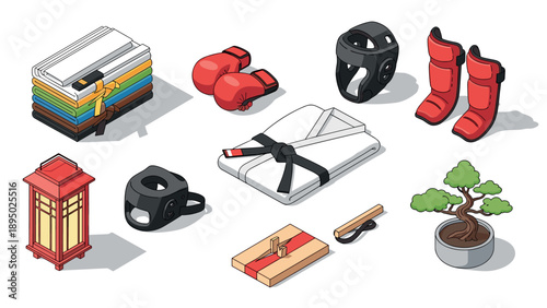 Isometric martial arts equipment set with uniforms, gloves, and bonsai tree