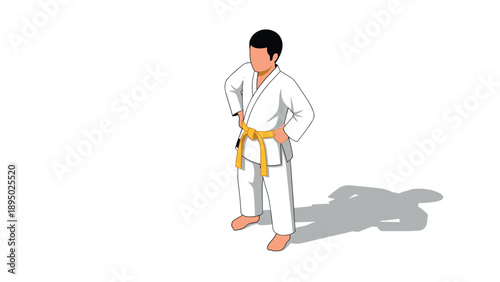Isometric martial artist in white gi with yellow belt posing confidently