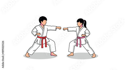 Karate duel: kids practicing martial arts in traditional gi with red and pink belts