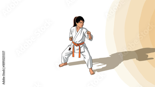 Karate fighter in ready stance with shadow on gradient background