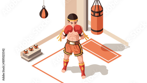 Muay thai fighter training in boxing gym with punching bag and equipment in isometric style
