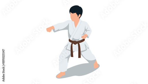 Karate practitioner in action with brown belt and gi, isometric martial arts