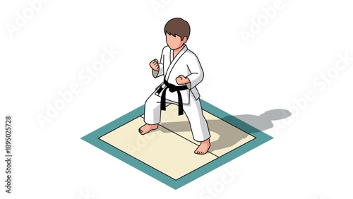 Isometric karate practitioner in white gi on training mat ready to spar