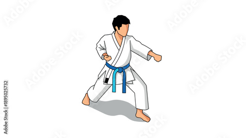 Martial arts fighter in white gi performing karate stance with blue belt