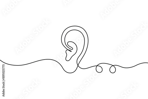 Minimalist ear line drawing with frequency wave for audiology and hearing health