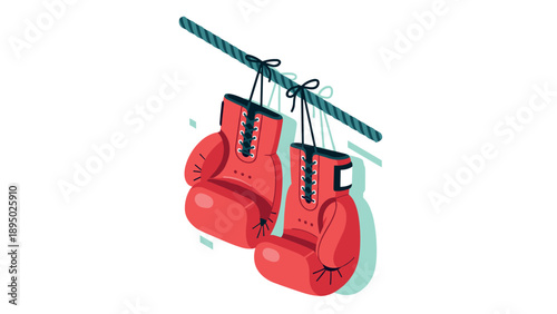 Hanging boxing gloves with isometric perspective on rope