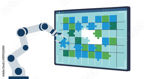 Robotic arm solving puzzle on screen