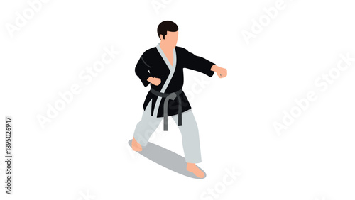 Isometric martial artist in black gi performing karate punch on white background