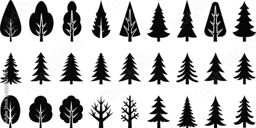 Black tree silhouette icons set with various forest shapes, minimal flat nature symbols for logo design, apps, web, print