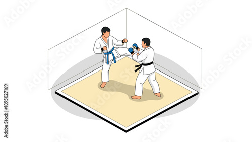 Isometric martial arts sparring in dojo featuring fighters in gi