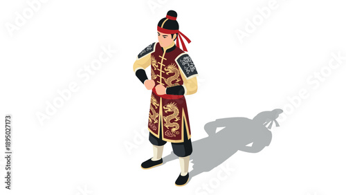 Traditional asian warrior in detailed isometric style with decorative armor