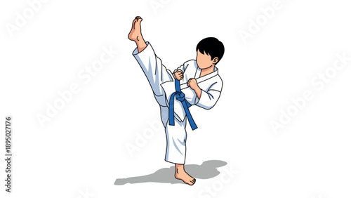 Karate athlete kicking high in white gi with blue belt cartoon style