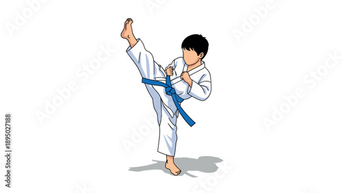 Martial arts enthusiast practicing high kick in traditional white uniform on white background