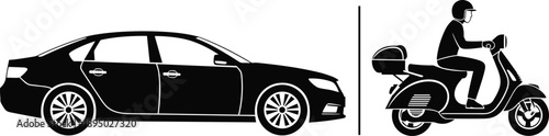 Car and scooter silhouette comparison illustration, urban transportation choice concept, sedan automobile versus motorcycle rider, black white vector design