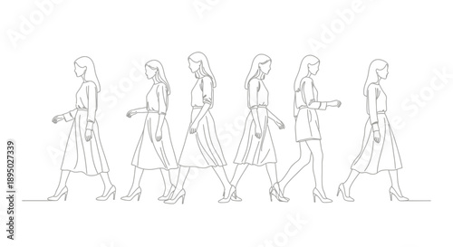 Group of women walking in a line illustration.
