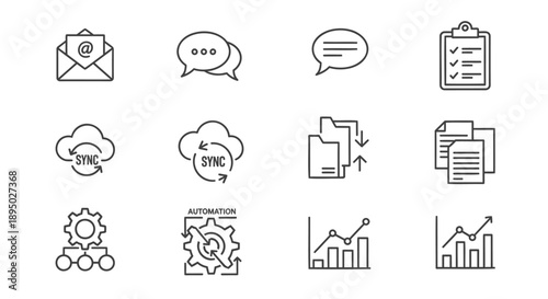 Business icons set including email chat document cloud sync file transfer automation and graph symbols
