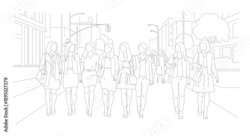Group of women walking together on a city street illustration.