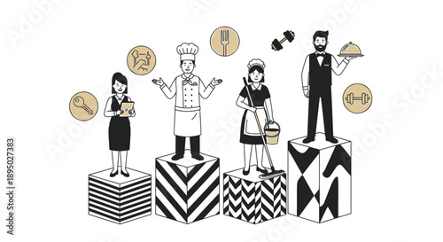 Vector illustration of people on podium with coins