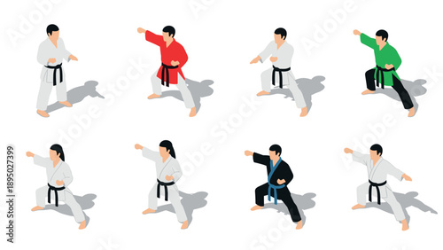 Isometric martial arts poses with diverse uniform colors on white background