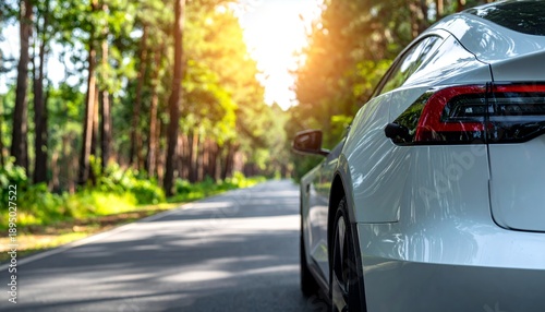 Wallpaper Mural White Electric Car Driving on a Scenic Road Through a Lush Forest with Bright Sunlight. Torontodigital.ca