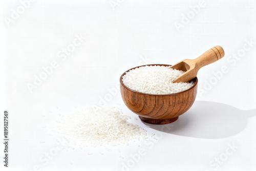 Bowl of White Rice with Wooden Scoop