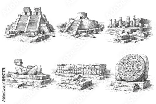 Ancient Mayan and Aztec Ruins Architecture Sketch Icons Set