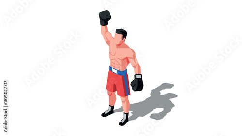 Isometric boxer celebrating victory in red shorts and boxing gloves