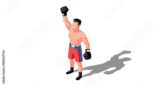 Triumphant boxer in isometric style with shadow on white background