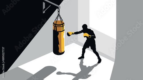 Boxing silhouette in minimalist gym with punching bag and shadows