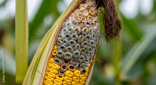 Detail of a corn ear affected by smut or fungal growth, showing grey-black distorted kernels in the field.