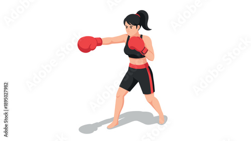 Female boxer in action with red gloves and black attire on white background