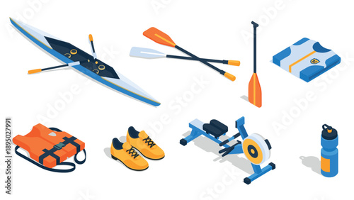 Isometric rowing equipment set with oars, boat, life jacket, and apparel